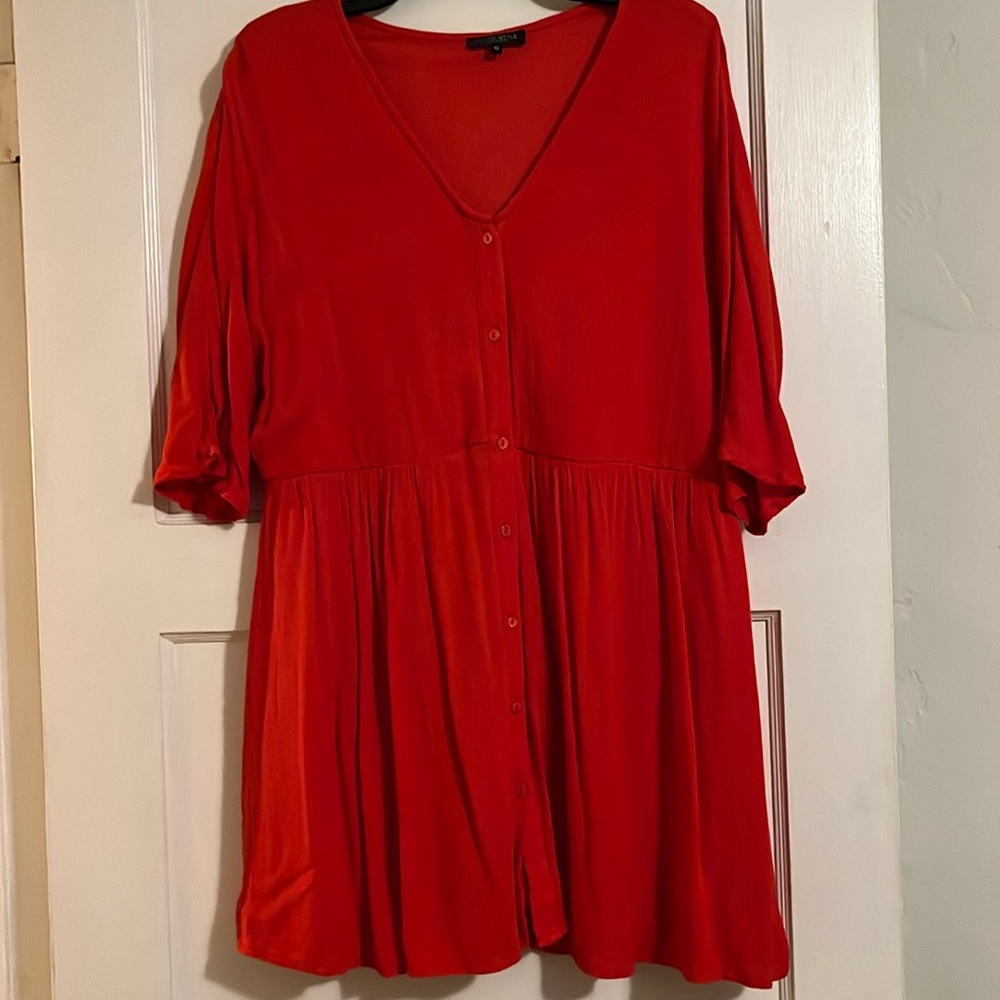 In The Style red drop waist dress lined with front buttons